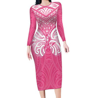 New Zealand Breast Cancer Awareness Long Sleeve Bodycon Dress Maori Butterfly Pink Ribbon LT14 Long Dress Pink - Polynesian Pride