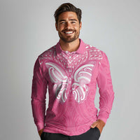 New Zealand Breast Cancer Awareness Long Sleeve Polo Shirt Maori Butterfly Pink Ribbon LT14 - Polynesian Pride
