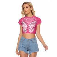 New Zealand Breast Cancer Awareness Raglan Cropped T Shirt Maori Butterfly Pink Ribbon LT14 Female Pink - Polynesian Pride
