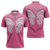 New Zealand Breast Cancer Awareness Zipper Polo Shirt Maori Butterfly Pink Ribbon LT14 - Polynesian Pride