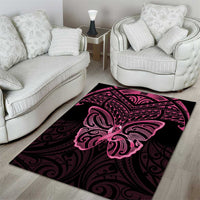 New Zealand Breast Cancer Awareness Area Rug Maori Butterfly Pink Ribbon Black Version - Polynesian Pride