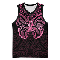 New Zealand Breast Cancer Awareness Basketball Jersey Maori Butterfly Pink Ribbon Black Version LT14 Unisex Black - Polynesian Pride
