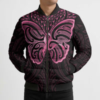 New Zealand Breast Cancer Awareness Bomber Puffer Jacket Maori Butterfly Pink Ribbon Black Version LT14 - Polynesian Pride