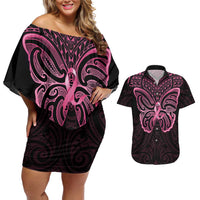 New Zealand Breast Cancer Awareness Couples Matching Off Shoulder Short Dress and Hawaiian Shirt Maori Butterfly Pink Ribbon Black Version LT14 Black - Polynesian Pride