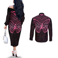 New Zealand Breast Cancer Awareness Couples Matching Off The Shoulder Long Sleeve Dress and Long Sleeve Button Shirt Maori Butterfly Pink Ribbon Black Version LT14 - Polynesian Pride