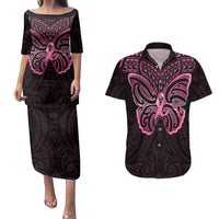 New Zealand Breast Cancer Awareness Couples Matching Puletasi and Hawaiian Shirt Maori Butterfly Pink Ribbon Black Version LT14 Black - Polynesian Pride