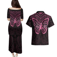 New Zealand Breast Cancer Awareness Couples Matching Puletasi and Hawaiian Shirt Maori Butterfly Pink Ribbon Black Version LT14 - Polynesian Pride