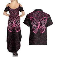 New Zealand Breast Cancer Awareness Couples Matching Summer Maxi Dress and Hawaiian Shirt Maori Butterfly Pink Ribbon Black Version LT14 - Polynesian Pride