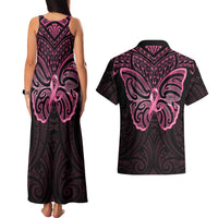 New Zealand Breast Cancer Awareness Couples Matching Tank Maxi Dress and Hawaiian Shirt Maori Butterfly Pink Ribbon Black Version LT14 - Polynesian Pride