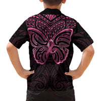 New Zealand Breast Cancer Awareness Family Matching Off The Shoulder Long Sleeve Dress and Hawaiian Shirt Maori Butterfly Pink Ribbon Black Version LT14 - Polynesian Pride