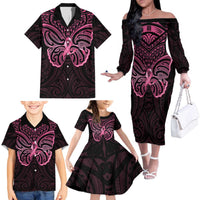 New Zealand Breast Cancer Awareness Family Matching Off The Shoulder Long Sleeve Dress and Hawaiian Shirt Maori Butterfly Pink Ribbon Black Version LT14 - Polynesian Pride