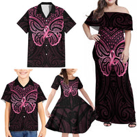 New Zealand Breast Cancer Awareness Family Matching Off Shoulder Maxi Dress and Hawaiian Shirt Maori Butterfly Pink Ribbon Black Version LT14 - Polynesian Pride