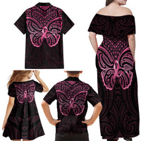 New Zealand Breast Cancer Awareness Family Matching Off Shoulder Maxi Dress and Hawaiian Shirt Maori Butterfly Pink Ribbon Black Version LT14 - Polynesian Pride