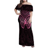 New Zealand Breast Cancer Awareness Family Matching Off Shoulder Maxi Dress and Hawaiian Shirt Maori Butterfly Pink Ribbon Black Version LT14 Mom's Dress Black - Polynesian Pride