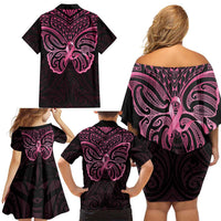 New Zealand Breast Cancer Awareness Family Matching Off Shoulder Short Dress and Hawaiian Shirt Maori Butterfly Pink Ribbon Black Version LT14 - Polynesian Pride