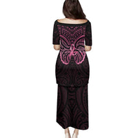 New Zealand Breast Cancer Awareness Family Matching Puletasi and Hawaiian Shirt Maori Butterfly Pink Ribbon Black Version LT14 - Polynesian Pride