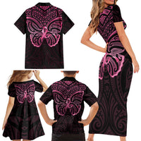 New Zealand Breast Cancer Awareness Family Matching Short Sleeve Bodycon Dress and Hawaiian Shirt Maori Butterfly Pink Ribbon Black Version LT14 - Polynesian Pride