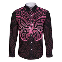 New Zealand Breast Cancer Awareness Family Matching Short Sleeve Bodycon Dress and Hawaiian Shirt Maori Butterfly Pink Ribbon Black Version LT14 Dad's Shirt - Long Sleeve Black - Polynesian Pride