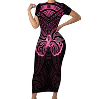 New Zealand Breast Cancer Awareness Family Matching Short Sleeve Bodycon Dress and Hawaiian Shirt Maori Butterfly Pink Ribbon Black Version LT14 Mom's Dress Black - Polynesian Pride