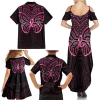 New Zealand Breast Cancer Awareness Family Matching Summer Maxi Dress and Hawaiian Shirt Maori Butterfly Pink Ribbon Black Version LT14 - Polynesian Pride