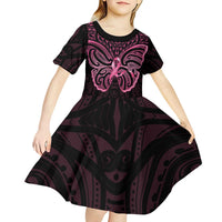 New Zealand Breast Cancer Awareness Kid Short Sleeve Dress Maori Butterfly Pink Ribbon Black Version LT14 - Polynesian Pride