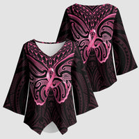 New Zealand Breast Cancer Awareness Kimono Sleeve Blouse Maori Butterfly Pink Ribbon Black Version LT14 - Polynesian Pride