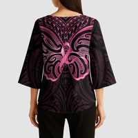 New Zealand Breast Cancer Awareness Kimono Sleeve Blouse Maori Butterfly Pink Ribbon Black Version LT14 - Polynesian Pride
