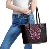 New Zealand Breast Cancer Awareness Leather Tote Bag Maori Butterfly Pink Ribbon Black Version LT14 - Polynesian Pride