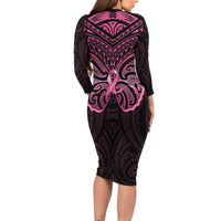 New Zealand Breast Cancer Awareness Long Sleeve Bodycon Dress Maori Butterfly Pink Ribbon Black Version LT14 - Polynesian Pride