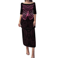 New Zealand Breast Cancer Awareness Puletasi Maori Butterfly Pink Ribbon Black Version LT14 Long Dress Black - Polynesian Pride