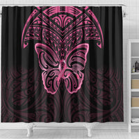 New Zealand Breast Cancer Awareness Shower Curtain Maori Butterfly Pink Ribbon Black Version LT14 - Polynesian Pride