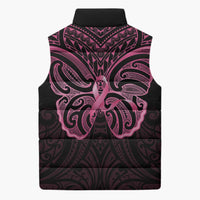 New Zealand Breast Cancer Awareness Sleeveless Puffer Jacket Maori Butterfly Pink Ribbon Black Version LT14 - Polynesian Pride