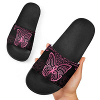 New Zealand Breast Cancer Awareness Slide Sandals Maori Butterfly Pink Ribbon Black Version LT14 - Polynesian Pride