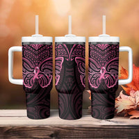 New Zealand Breast Cancer Awareness Tumbler With Handle Maori Butterfly Pink Ribbon Black Version LT14 - Polynesian Pride