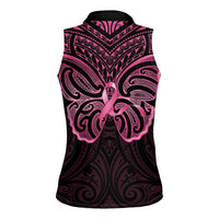 New Zealand Breast Cancer Awareness Women Sleeveless Polo Shirt Maori Butterfly Pink Ribbon Black Version LT14 - Polynesian Pride