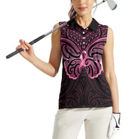 New Zealand Breast Cancer Awareness Women Sleeveless Polo Shirt Maori Butterfly Pink Ribbon Black Version LT14 - Polynesian Pride