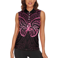 New Zealand Breast Cancer Awareness Women Sleeveless Polo Shirt Maori Butterfly Pink Ribbon Black Version LT14 - Polynesian Pride