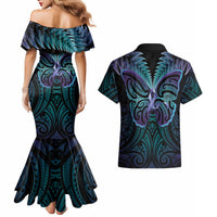 Suicide Prevention New Zealand Couples Matching Mermaid Dress and Hawaiian Shirt Aotearoa Maori Butterfly Mix Silver Fern LT14 - Polynesian Pride