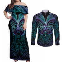 Suicide Prevention New Zealand Couples Matching Off Shoulder Maxi Dress and Long Sleeve Button Shirt Aotearoa Maori Butterfly Mix Silver Fern LT14 Black - Polynesian Pride