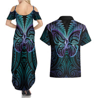 Suicide Prevention New Zealand Couples Matching Summer Maxi Dress and Hawaiian Shirt Aotearoa Maori Butterfly Mix Silver Fern LT14 - Polynesian Pride