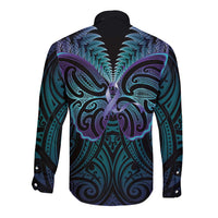 Suicide Prevention New Zealand Long Sleeve Button Shirt Aotearoa Maori Butterfly Mix Silver Fern LT14 - Polynesian Pride