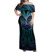 Suicide Prevention New Zealand Off Shoulder Maxi Dress Aotearoa Maori Butterfly Mix Silver Fern LT14 Women Black - Polynesian Pride
