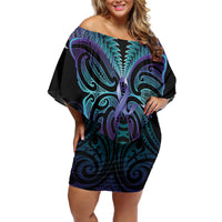 Suicide Prevention New Zealand Off Shoulder Short Dress Aotearoa Maori Butterfly Mix Silver Fern LT14 Women Black - Polynesian Pride