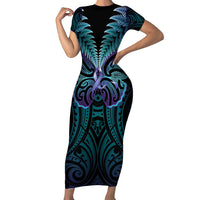 Suicide Prevention New Zealand Short Sleeve Bodycon Dress Aotearoa Maori Butterfly Mix Silver Fern LT14 Long Dress Black - Polynesian Pride