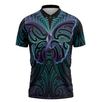 Suicide Prevention New Zealand Zipper Polo Shirt Aotearoa Maori Butterfly Mix Silver Fern LT14 Black - Polynesian Pride
