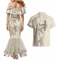 Beige Hawaii Couples Matching Mermaid Dress and Hawaiian Shirt Hammerhead Shark Tattoo Curve Polynesian LT14 - Polynesian Pride