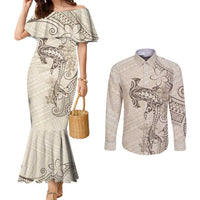 Beige Hawaii Couples Matching Mermaid Dress and Long Sleeve Button Shirt Hammerhead Shark Tattoo Curve Polynesian LT14 Beige - Polynesian Pride