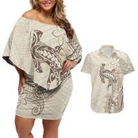 Beige Hawaii Couples Matching Off Shoulder Short Dress and Hawaiian Shirt Hammerhead Shark Tattoo Curve Polynesian LT14 Beige - Polynesian Pride