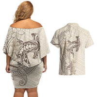 Beige Hawaii Couples Matching Off Shoulder Short Dress and Hawaiian Shirt Hammerhead Shark Tattoo Curve Polynesian LT14 - Polynesian Pride