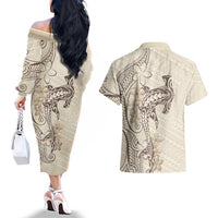 Beige Hawaii Couples Matching Off The Shoulder Long Sleeve Dress and Hawaiian Shirt Hammerhead Shark Tattoo Curve Polynesian LT14 - Polynesian Pride